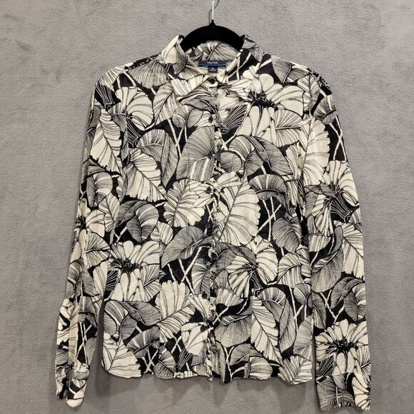 Nautica Silk‎ Button-Up Shirt Womens Size 8 Leaf Office Ruffle Modern Feminine - Picture 1 of 7